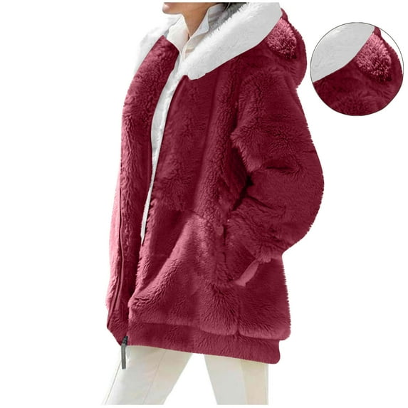 Miqool Fuzzy Fleece Jackets for Women Plus Size Hoodies Fall Winter Coats Color Block Patchwork Cardigan Coat with Pockets