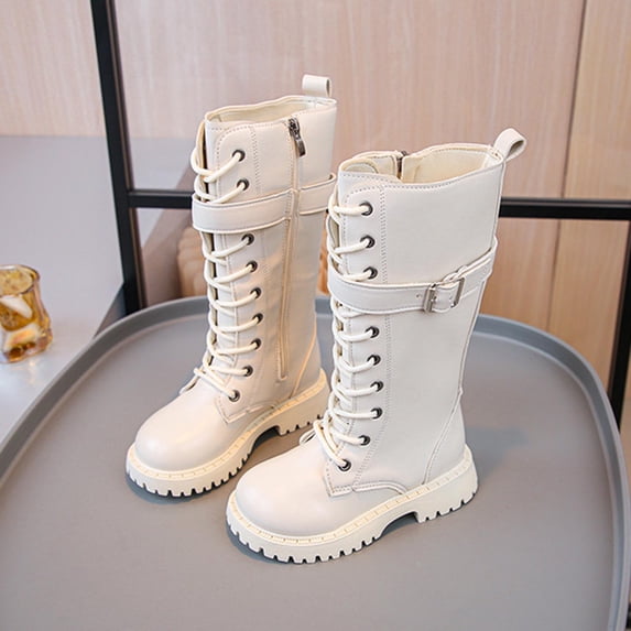 Miqool Girl's Fashion Lace-Up Side Zipper Mid Calf Riding Boots Waterproof Leather High Boots Girls Winter Boots