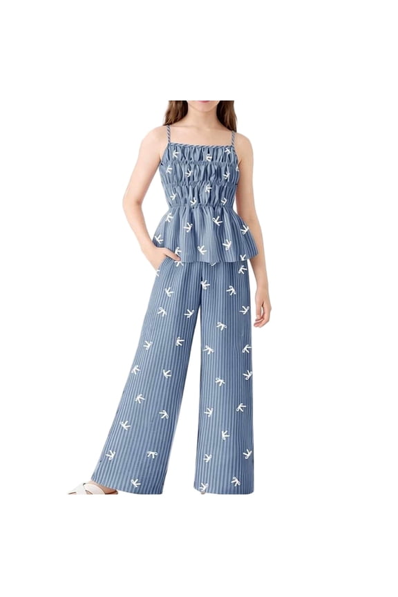 Girls Bow Print Smocked Cami Top and Wide Leg Pants Set, Sweet Striped 2-Piece Outfit with Elastic Waist & Pockets 5-15Y