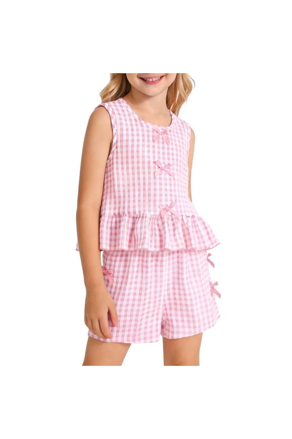 Girls Gingham Plaid 2-Piece Outfit, Sleeveless Ruffle Hem Top and Bow Decor Shorts Set, Round Neck Casual Summer Set 1-8Y