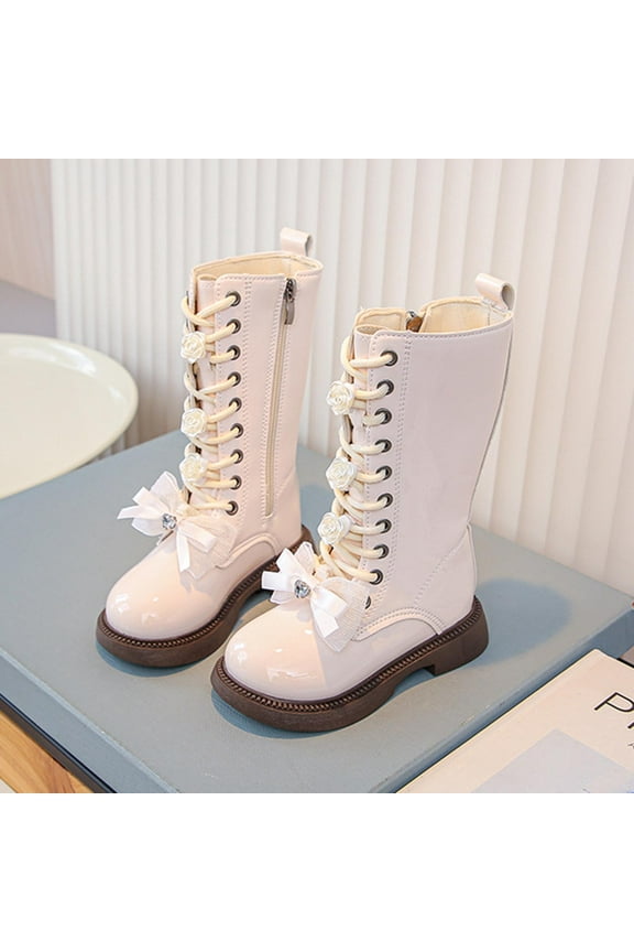 Girls Knee Length Boots Side Zipper Riding Boots Lace-Up Chunky Low Heel Tall Winter Boots Dress Kids Shoes