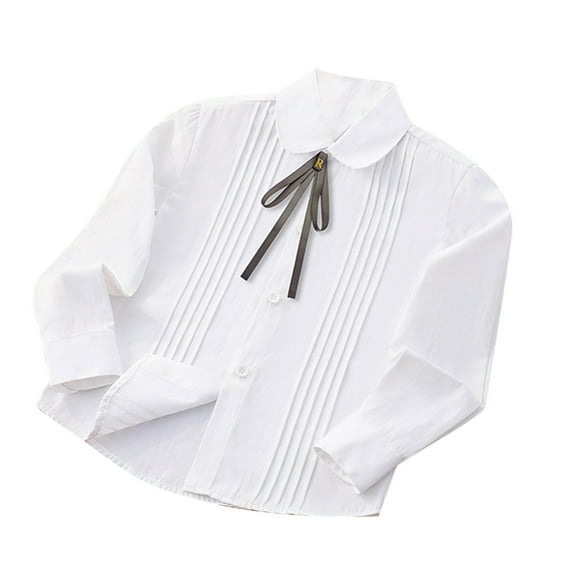 Miqool Girls Pleated Dress Shirts Long Sleeve Button Down Collared White Shirts with Bowtie Sets School Uniforms 4-16 Years on Clearance