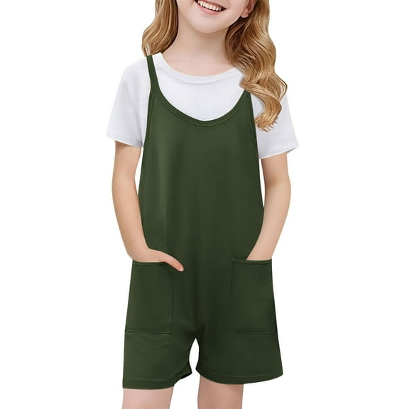 Miqool Girls Summer Shorts Jumpsuit Spaghetti Strap Sleeveless Casual Loose Romper with Pockets Size 5-14 Years