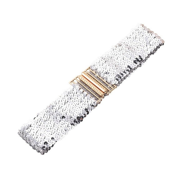 Miqool Glitter Sequin Belts for Women Girls, Wide Waist Belt Elastic Stretch Waistband Dance & Disco Belt Cinch Belt Metal Buckle for 70s 80s Costume Party Disco