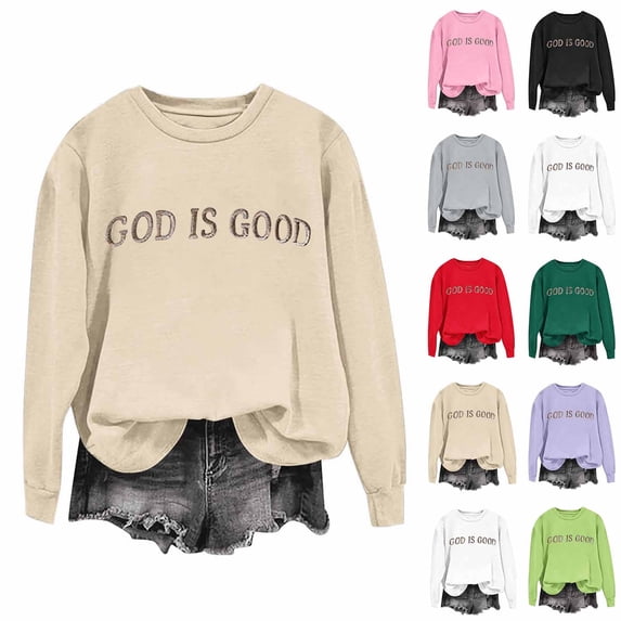 Miqool God Is Good Graphic Sweatshirt for Women Letter Print Crewneck Long Sleeve Shirts Casual Loose Pullover Tops