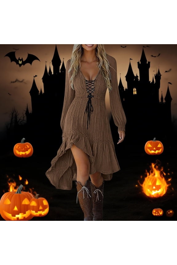 Halloween Costume Womens Dresses Vintage Long Sleeve Fall Dress Boho Prom Ball Gown Hippie Outfit