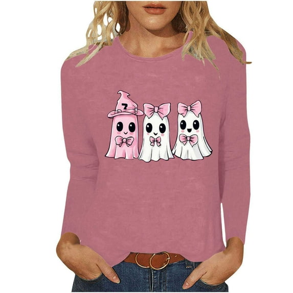 Miqool Halloween Shirts for Women Casual Long Sleeve Tops Cute Ghost Graphic Tee Halloween Loose Fit T Shirts