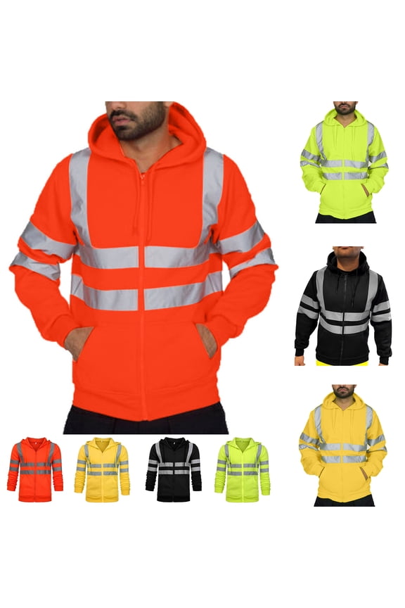 Hi-Vis Safety Full Zip Hoodies for Men, High Visibility Construction Work Hooded Sweatshirts with with Reflective Strips and Pockets, ANSI Class 3