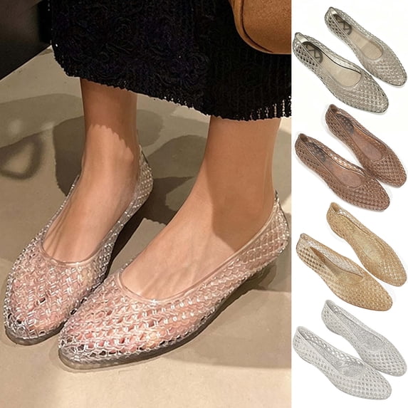 Miqool Jelly Shoes for Women Hollow Out Pointed Toe Low Heel Clear Shoes Comfort Breathable Lightweight Mesh Flat Shoes
