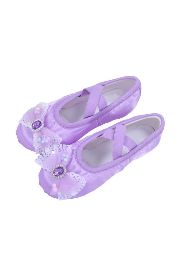 Kids 2-12 Satin Ballet Dance Shoes Rhinestone Bow Soft Sole Slip-On Elastic Strap Stage Shoes Flats for Performance Gymnastics Yoga