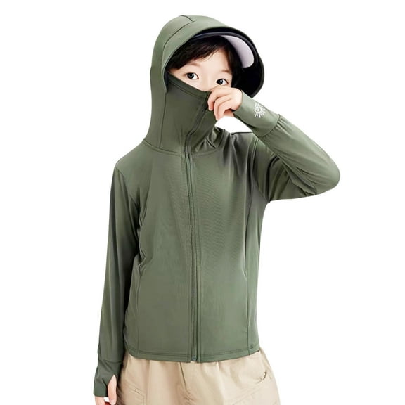 Miqool Kids Boys Girls Ice Silk Sun Protection Full Zip Hoodie Jacket Cooling Shirts with Big Hat Brim & Thumbholes, 7-14 Years