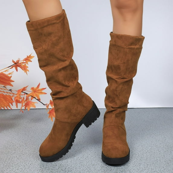 Miqool Knee High Boots for Women Round Toe Fashion Tall Riding Boots Chunky Long Flat Boot Low Heel Block Fall Boot
