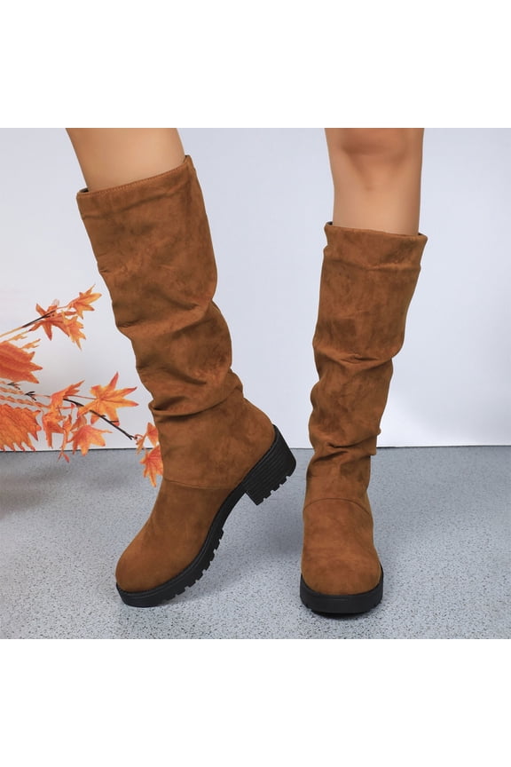 Knee High Boots for Women Round Toe Fashion Tall Riding Boots Chunky Long Flat Boot Low Heel Block Fall Boot