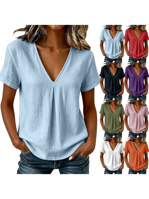 Linen Tops for Women Pleated V Neck Blouses Short Sleeve Loose Fit Summer Shirts for Beach Vacation
