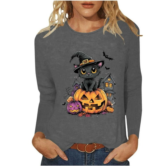 Miqool Long Sleeve Fall T-Shirt for Women Halloween Thanksgiving Tops Casual Loose Pumpkin Turkey Graphic Tees