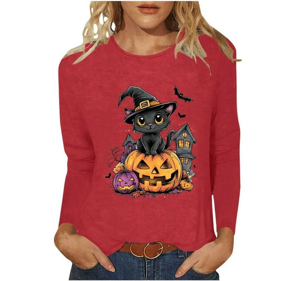Miqool Long Sleeve Fall T-Shirt for Women Halloween Thanksgiving Tops Casual Loose Pumpkin Turkey Graphic Tees