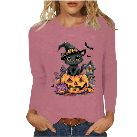 Miqool Long Sleeve Fall T-Shirt for Women Halloween Thanksgiving Tops Casual Loose Pumpkin Turkey Graphic Tees
