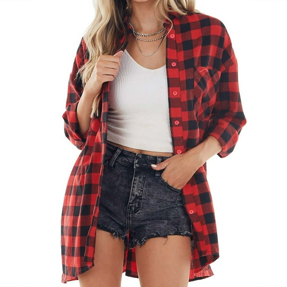Miqool Long Sleeve Shirts for Women Casual Oversized Button Down Long Plaid Flannel Shirts Lapel Check Jacket Shacket