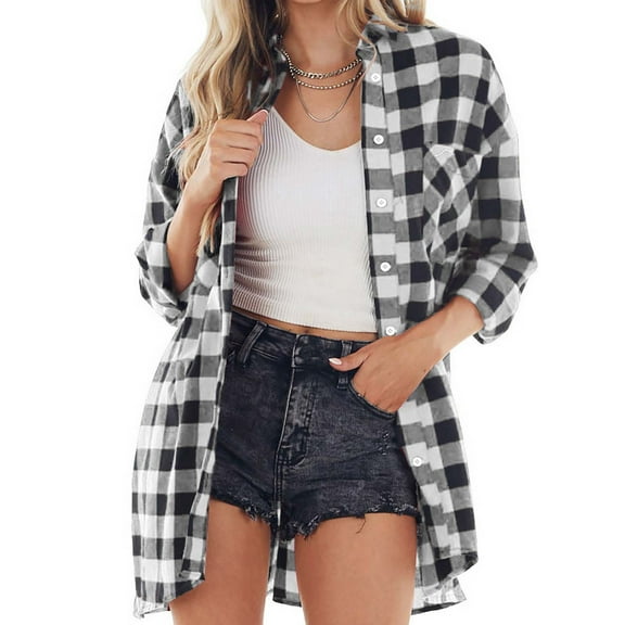 Miqool Long Sleeve Shirts for Women Casual Oversized Button Down Long Plaid Flannel Shirts Lapel Check Jacket Shacket