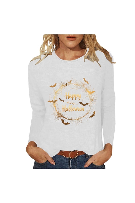 Long Sleeve Womens Tops Funny Christmas Shirts Novelty Halloween Blouse Casual Loose Crewneck Tunic Tops