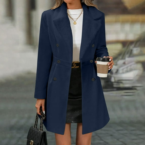 Miqool Long Trench Coat Women Double Breasted Wool Blend Dressy Casual Jacket Fleece Collar Slim Fit Pea Coat