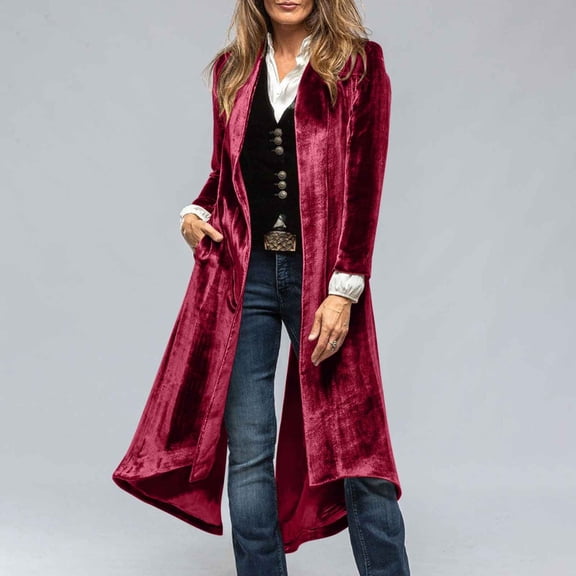 Miqool Long Velvet Cardigan for Women Elegant Open Front Long Sleeve Loose Jacket Outerwear Back Split Duster Coat with Pockets