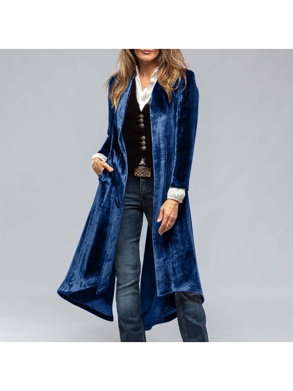 Long Velvet Cardigan for Women Elegant Open Front Long Sleeve Loose Jacket Outerwear Back Split Duster Coat with Pockets