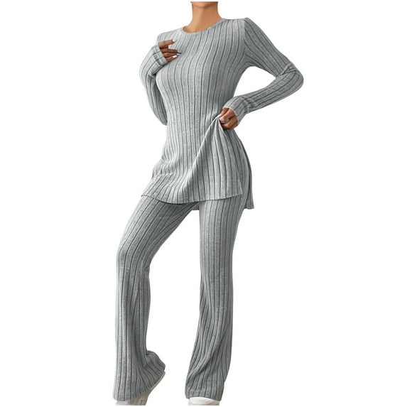 Miqool Lounge Sets for Women 2 Piece Slim Fit Ribbed Knit Matching Outfits Side Slit Long Sleeve Tops Flare Leggings Sleepwear Loungewear Sweatsuits