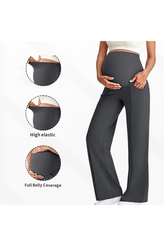 Maternity Dress Yoga Pants with Pockets Over The Belly Stretchy Work Slack Pregnancy Wide Leg Lounge Trousers