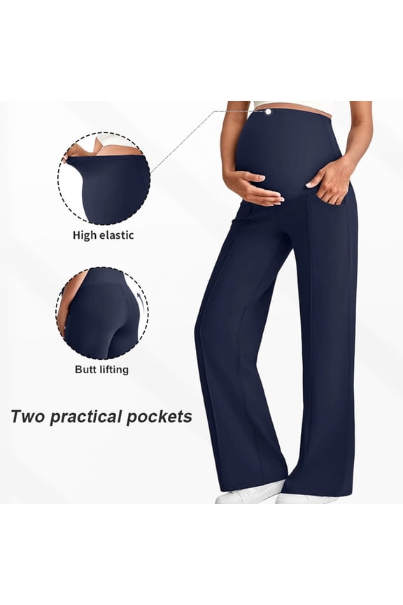 Maternity Dress Yoga Pants with Pockets Over The Belly Stretchy Work Slack Pregnancy Wide Leg Lounge Trousers