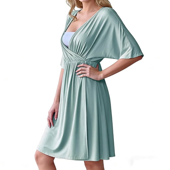 Miqool Maternity Nursing Dress Wrap V Neck Ruffle Short Sleeve Breastfeeding Dresses Pregnancy Clothes S-XXL