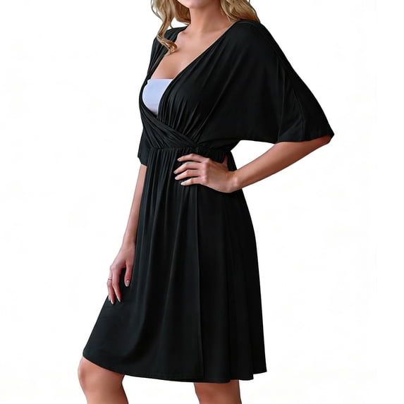 Miqool Maternity Nursing Dress Wrap V Neck Ruffle Short Sleeve Breastfeeding Dresses Pregnancy Clothes S-XXL