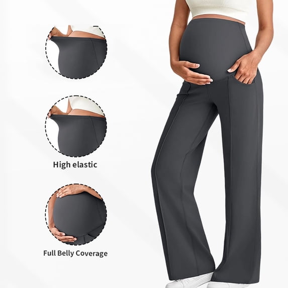 Miqool Maternity Pants Over the Belly Yoga Dress Pants Stretchy Lounge Pregnancy Wide Leg Work Trousers with Pockets