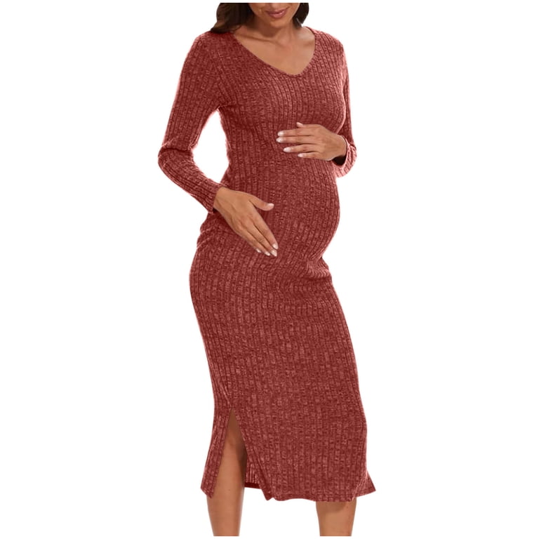 red maternity sweater dress Miqool Maternity Sweater Dress Long Sleeve V Neck Ribbed Knit Fall Winter  Bodycon Long Dress Side Slit Pregnancy Outfits