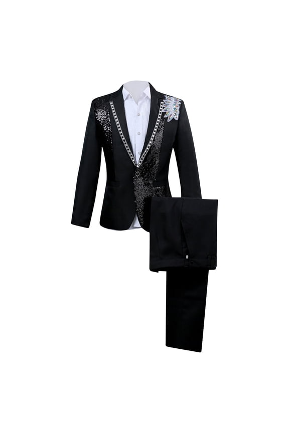 Men Embroidery Floral Tuxedo Suits 2 Piece Set One Button Slim Fit Sequin Blazer Jacket & Dress Pants Business Formal Casual Suit Set for Groomsmen Wedding Party Prom