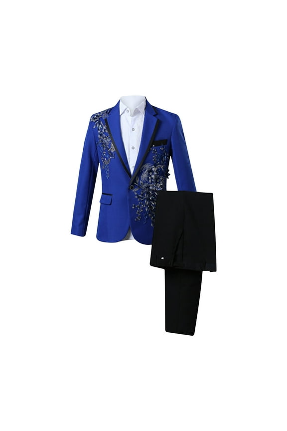 Men Embroidery Floral Tuxedo Suits 2 Piece Set One Button Slim Fit Sequin Blazer Jacket & Dress Pants Business Formal Casual Suit Set for Groomsmen Wedding Party Prom