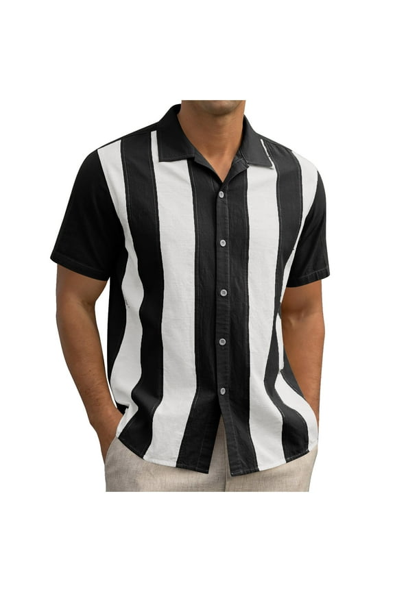 Men's 1950s Vintage Bowling Shirt Striped Color Block Short Sleeve Button Down Shirt Summer Beach Hawaiian Shirts(Black, M)
