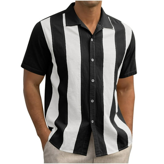 Miqool Men's 1950s Vintage Bowling Shirt Striped Color Block Short Sleeve Button Down Shirt Summer Beach Hawaiian Shirts(Black, S)