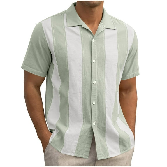 Miqool Men's 1950s Vintage Bowling Shirt Striped Color Block Short Sleeve Button Down Shirt Summer Beach Hawaiian Shirts(Mint Green, S)