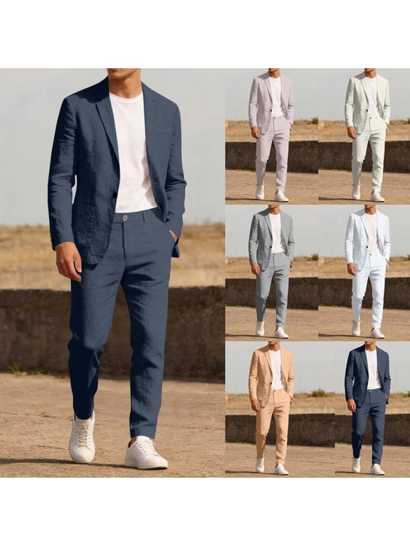 Men's 2 Piece Linen Suits Dressy Casual Lightweight Slim Fit Blazer Jackets and Pants for Wedding Business