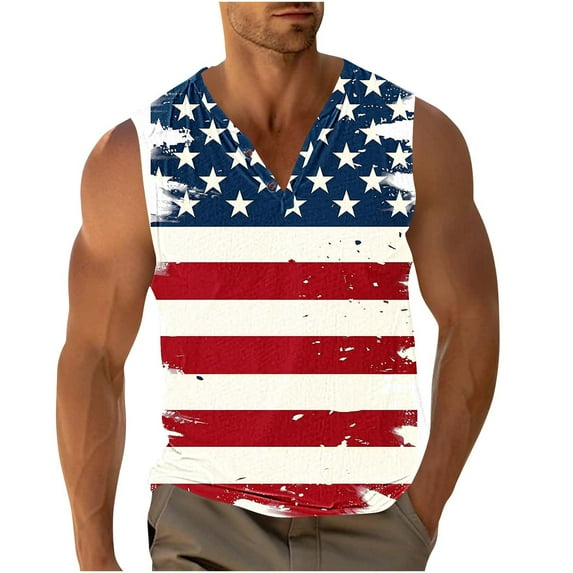 Miqool Men's American Flag Tank Tops Sleeveless Buttons V Neck Muscle Shirts Gym Workout Fitness Bodybuilding Tee Shirts