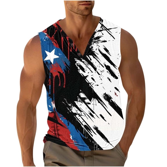 Miqool Men's American Flag Tank Tops Sleeveless Buttons V Neck Muscle Shirts Gym Workout Fitness Bodybuilding Tee Shirts