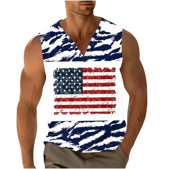 Miqool Men's American Flag Tank Tops Sleeveless Buttons V Neck Muscle Shirts Gym Workout Fitness Bodybuilding Tee Shirts