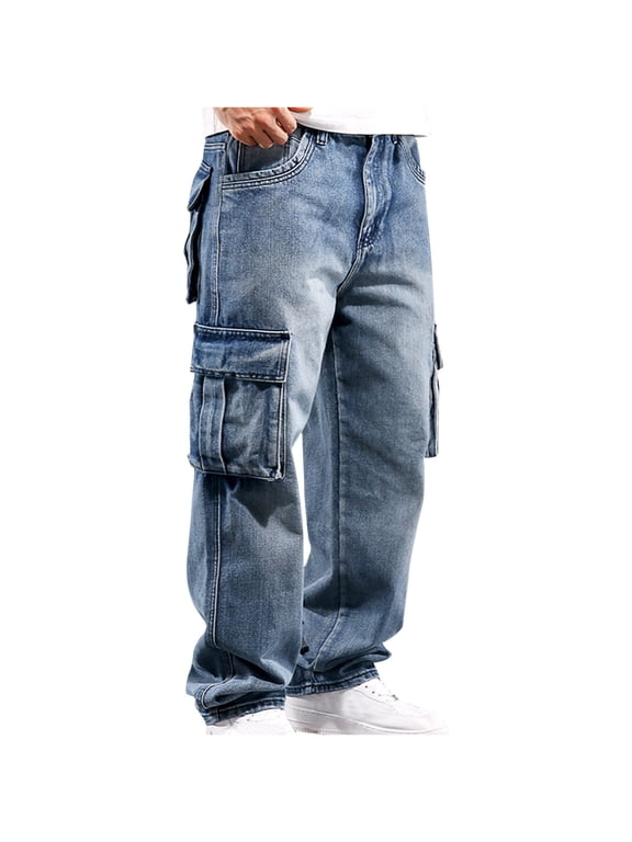 Men's Baggy Cargo Jeans Straight Wide Leg Hip Hop Jeans Loose Fit Multiple Pockets Denim Pants Vintage Jeans with Pockets