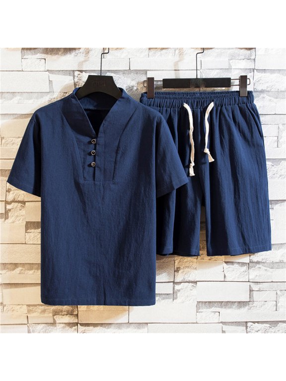 Men's Big & Tall 2 Pieces Linen Set Short Sleeve Golf Shirt and Shorts Summer Beach Yoga Matching Outfits Tracksuit Sets Casual Athletic Sports Suit