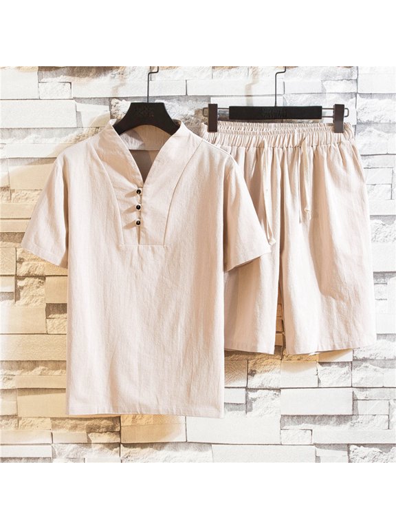 Men's Big & Tall 2 Pieces Linen Set Short Sleeve Golf Shirt and Shorts Summer Beach Yoga Matching Outfits Tracksuit Sets Casual Athletic Sports Suit
