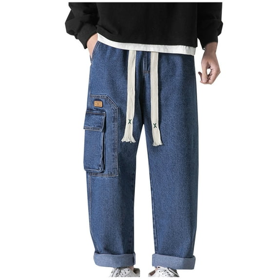 Miqool Men's Big & Tall Baggy Cargo Jeans Elastic Waist Casual Loose Wide Leg Denim Pants Work Pants 90s Hip Hop Streetwear with Pockets