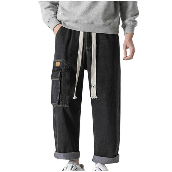 Miqool Men's Big & Tall Baggy Cargo Jeans Elastic Waist Casual Loose Wide Leg Denim Pants Work Pants 90s Hip Hop Streetwear with Pockets