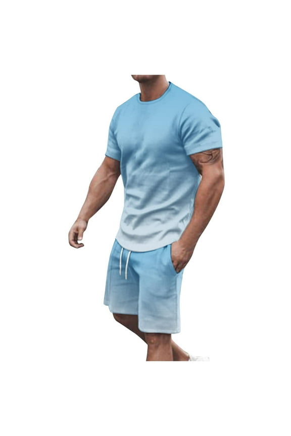 Men's Big & Tall Gradient Color Short Sets 2 Piece Outfits Short Sleeve T Shirt & Shorts Casual Summer Tracksuits with Pockets