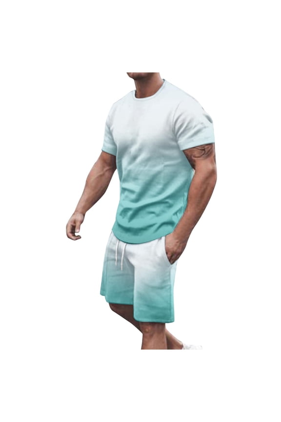Men's Big & Tall Gradient Color Short Sets 2 Piece Outfits Short Sleeve T Shirt & Shorts Casual Summer Tracksuits with Pockets
